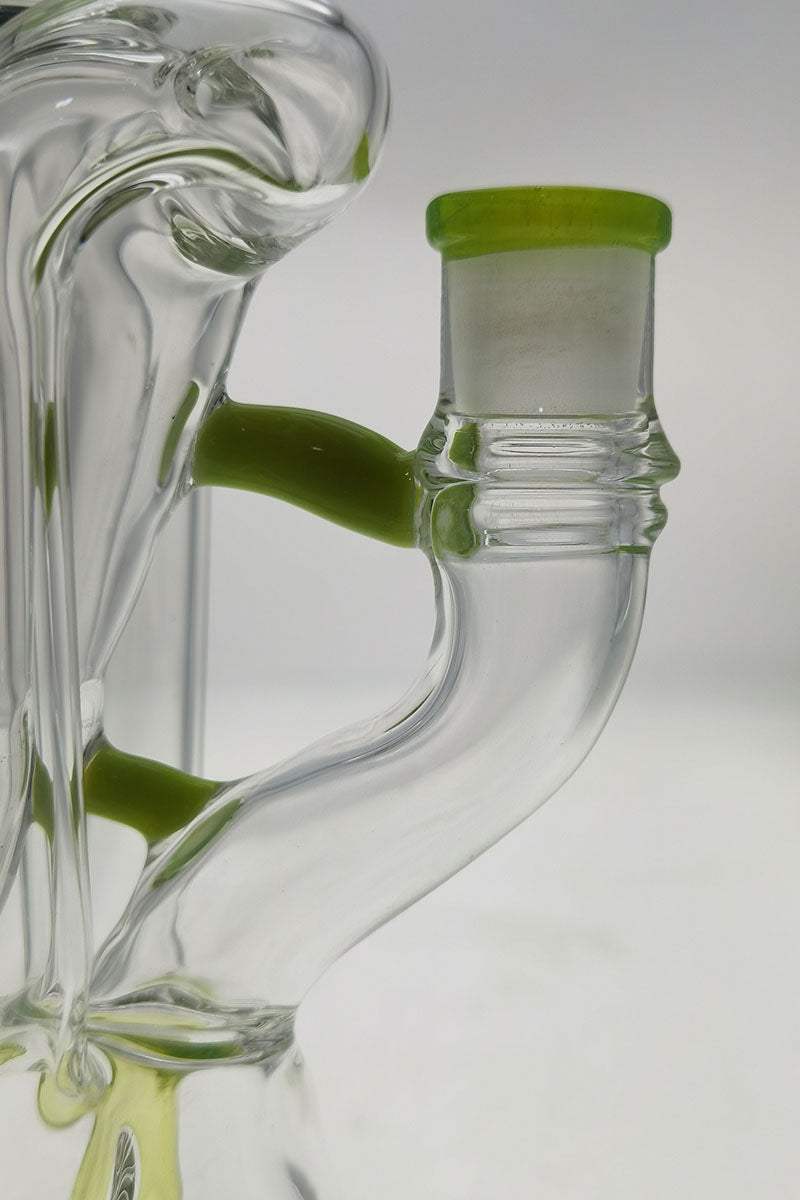 Close-up side view of Thick Ass Glass 9.5" Quartz Donut Recycler, 14MM Female Joint, for Concentrates