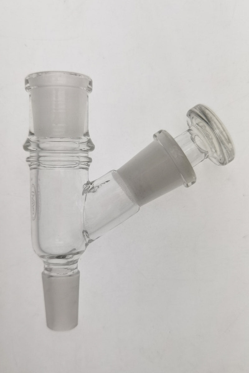 TAG - Clear Glass Adapter for Vaporizers, 10MM Carb, Female to Male Joint, Angled View