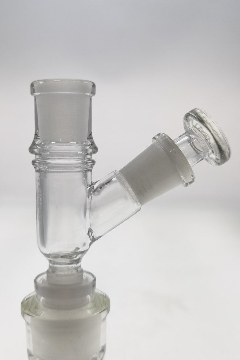 TAG 10MM Female to 14MM/18MM Male Adapter for Vaporizers, Clear Glass, Angled View