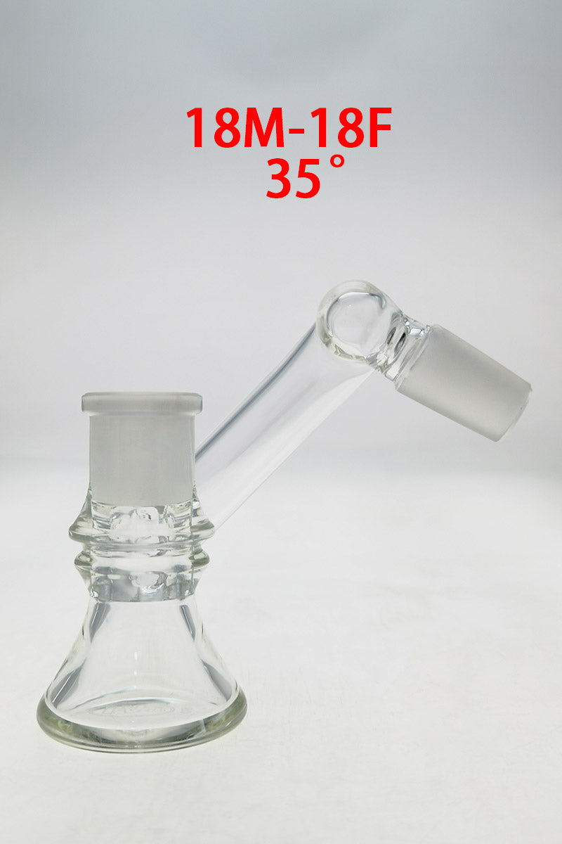 TAG Quartz Ash Catcher Adapter at 35Β° angle, 18MM Male to 18MM Female, clear with laser logo