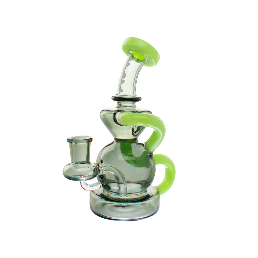 MAV Glass Tahoe Bulb Recycler Dab Rig in Green with Side View on White Background
