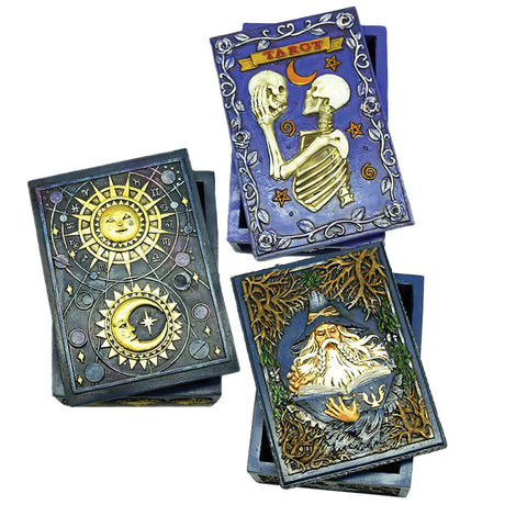 Polyresin Tarot Deck Storage Box with intricate designs, 5.5" x 3.75" size, top view