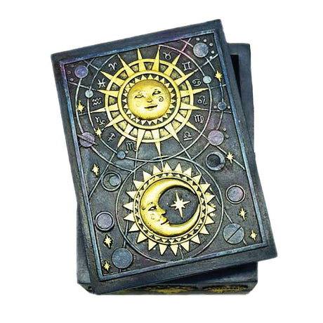 Polyresin Tarot Deck Storage Box with Moon and Star design, angled view on white background