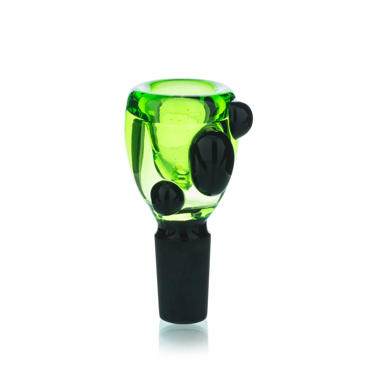 Lucky Goat Dino Glass Bowl Piece in 14mm, green with black accents, front view on white background