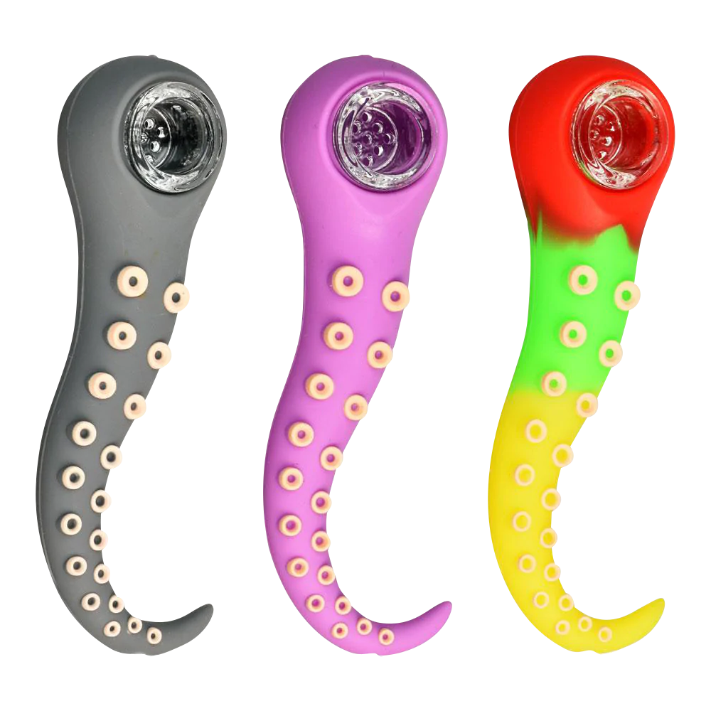 Tentacle Silicone Hand Pipes with Glass Bowls, 4.5" Length, Front View, in Gray, Purple, and Rasta Colors