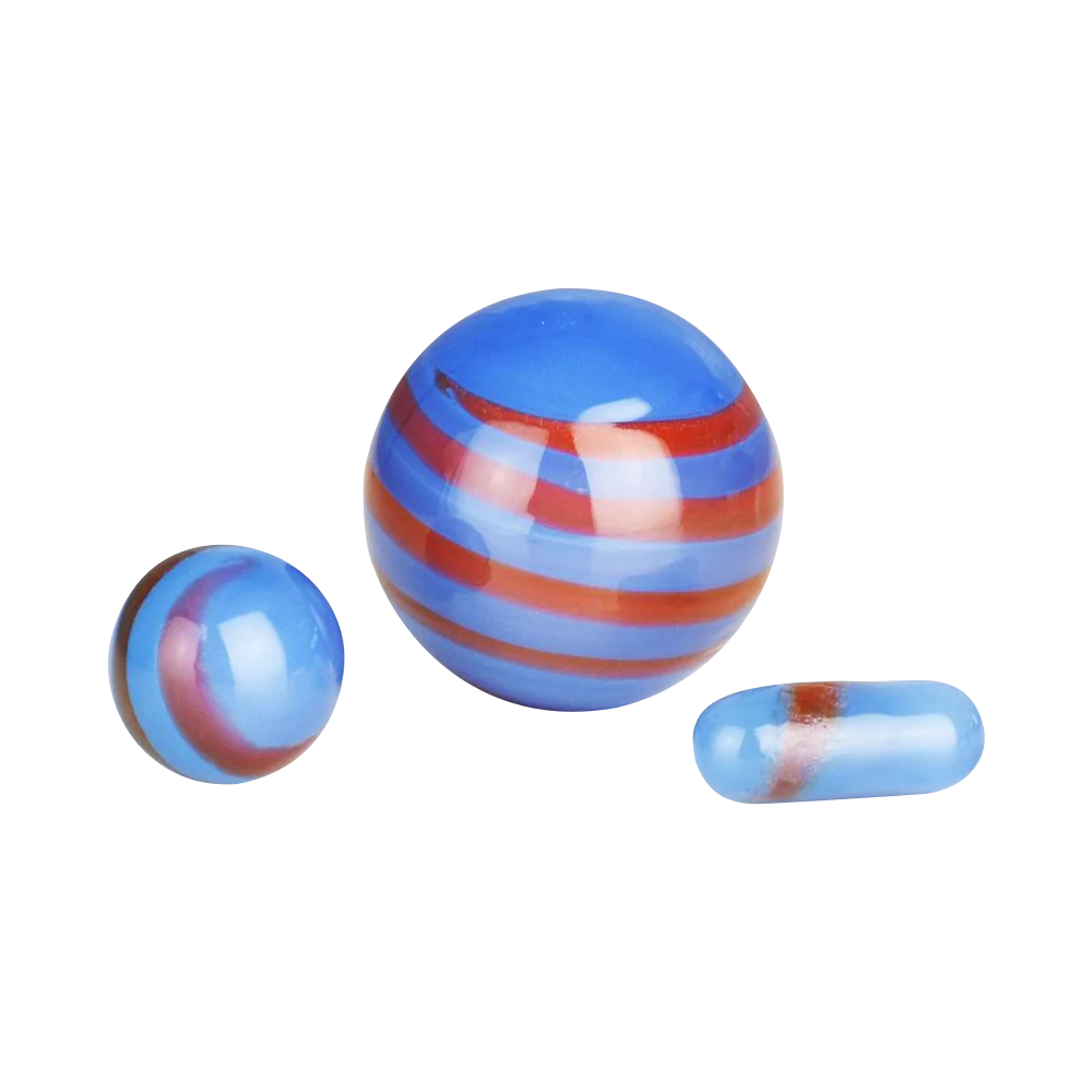 Borosilicate glass Terp Slurper Pill & Marble Set for dab rigs, blue and red stripes, top view