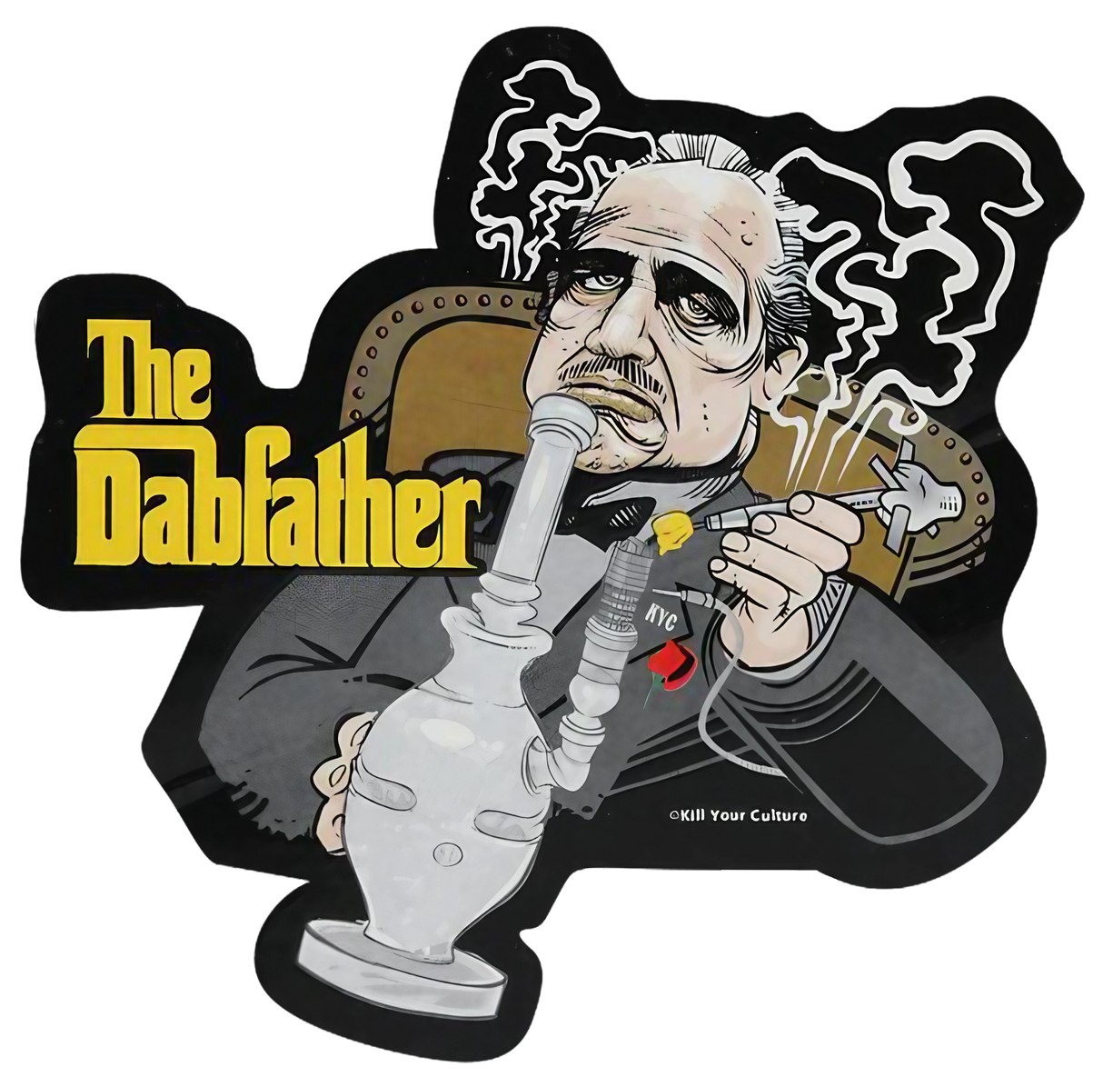 "The Dabfather" parody sticker with caricature holding a dab rig, ideal for novelty gift