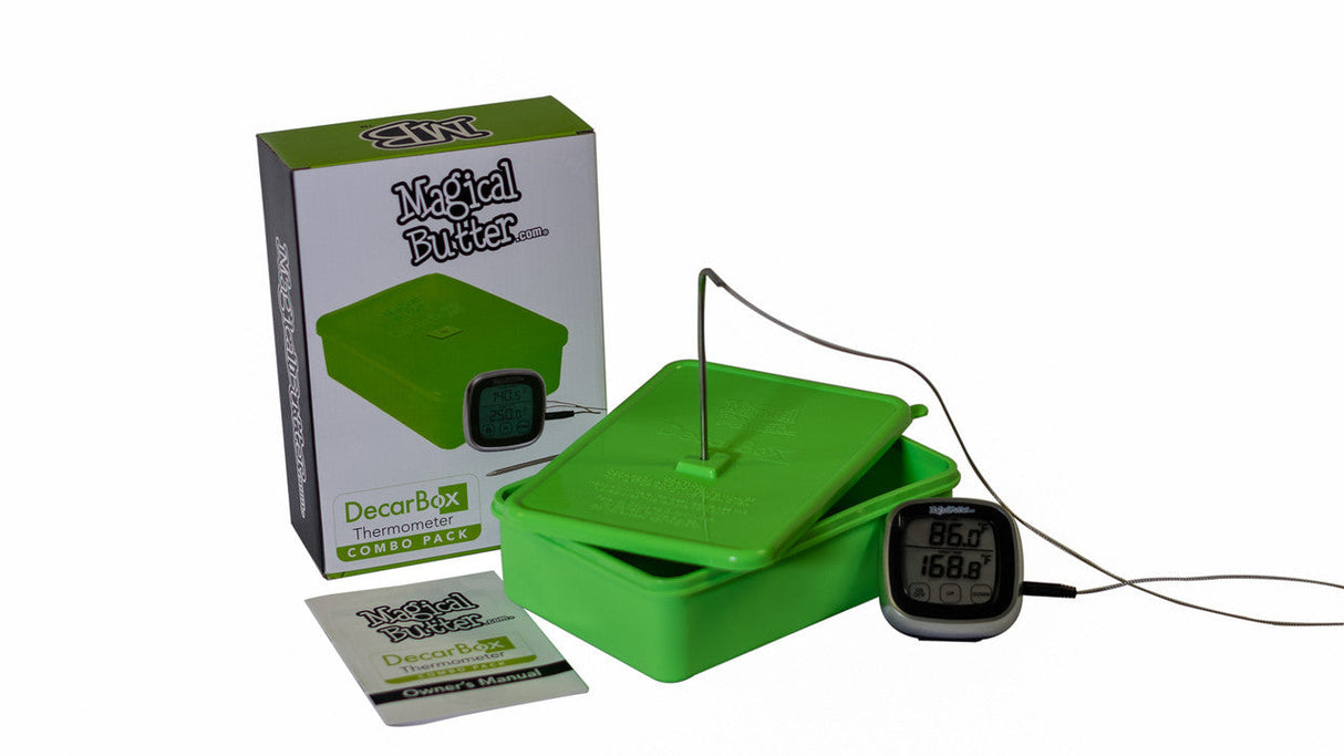Magical Butter Decarbox with digital thermometer, silicone container, and box on white background