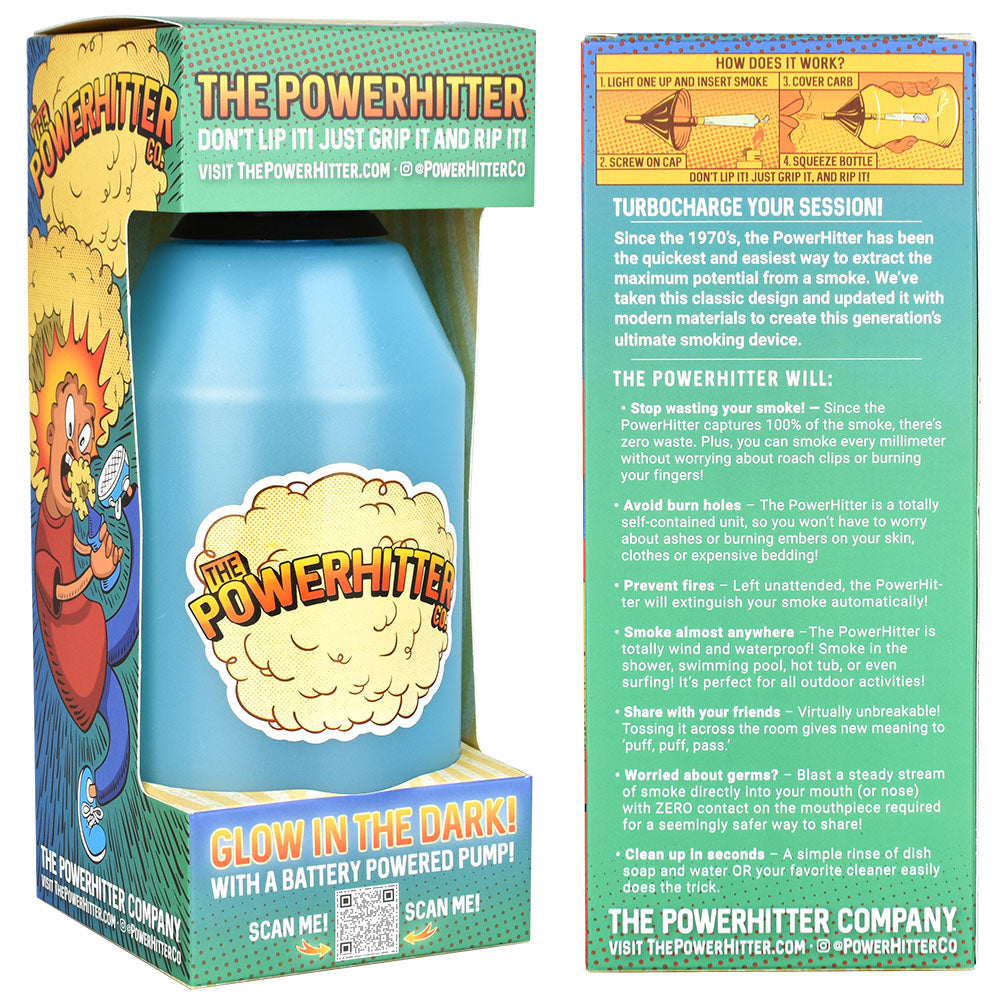 PowerHitter Smoking System in Glow in the Dark Blue with Mini Auto Pump, displayed with packaging