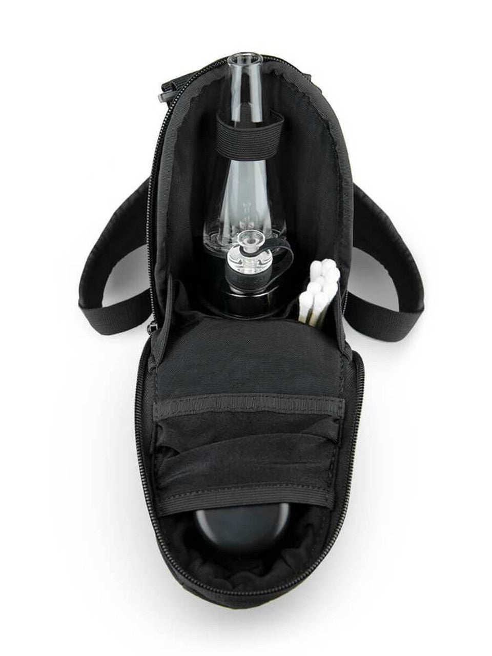 Puffco Peak Bag open view displaying dab rig, cotton swabs, and compartments