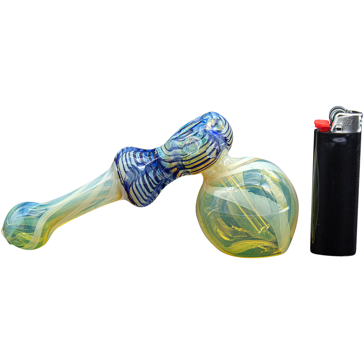 LA Pipes Raked Hammer Fumed Bubbler Pipe in Blue and Yellow with Lighter for Scale