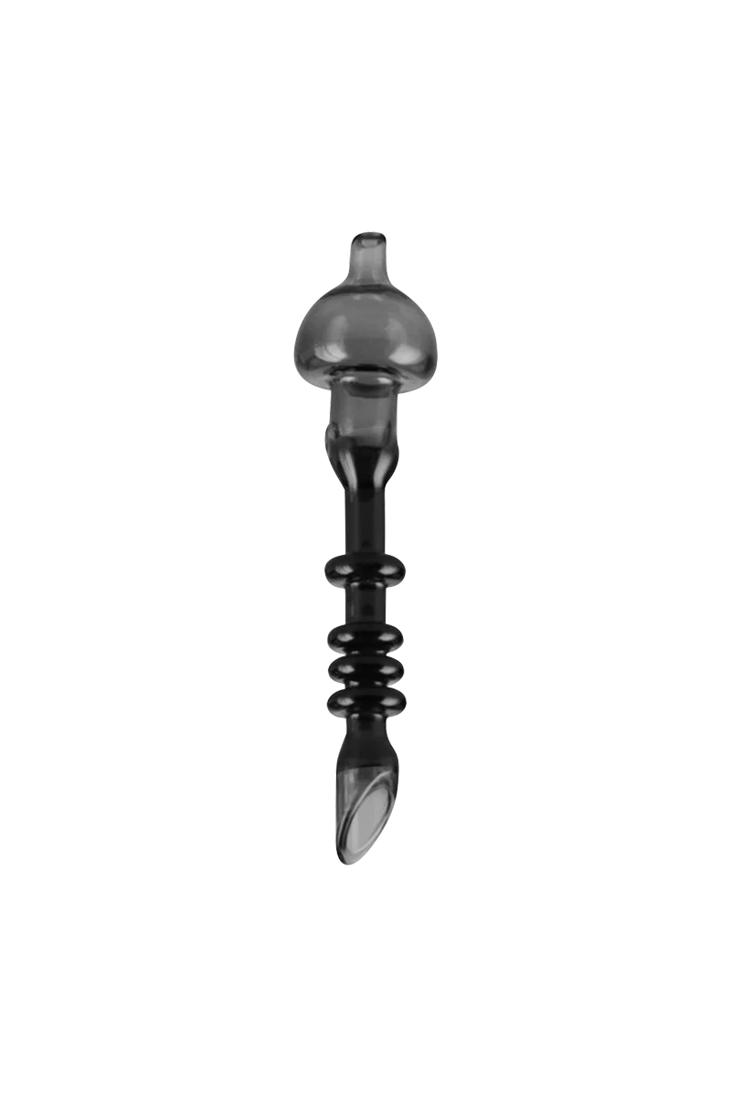 Borosilicate glass "Sauce Wand" Dabber with Carb Cap for concentrates, front view on white background
