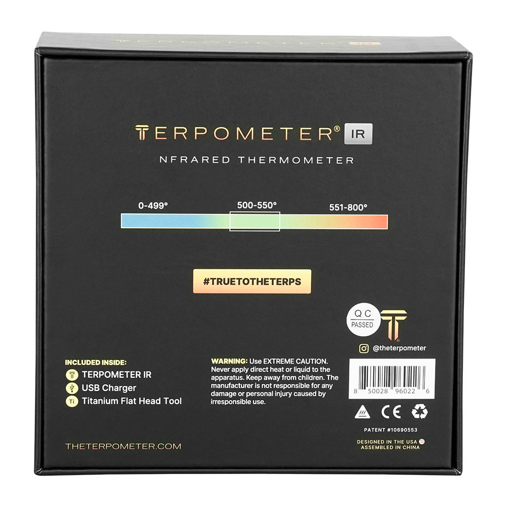 The Terpometer 2.0 Infrared Dab Thermometer packaging, black with temperature gauge