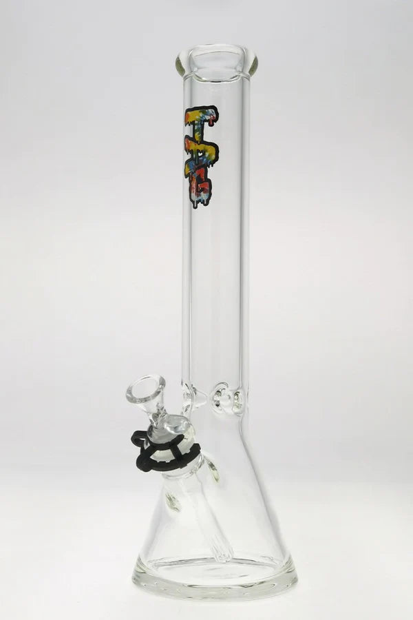 Thick Ass Glass 7mm Beaker Bong 16" Tie Dye Logo Front View with Clear Glass Bowl