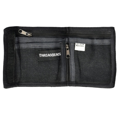 ThreadHeads Embroidered Wallet in black, front view, with zipper and velcro closure