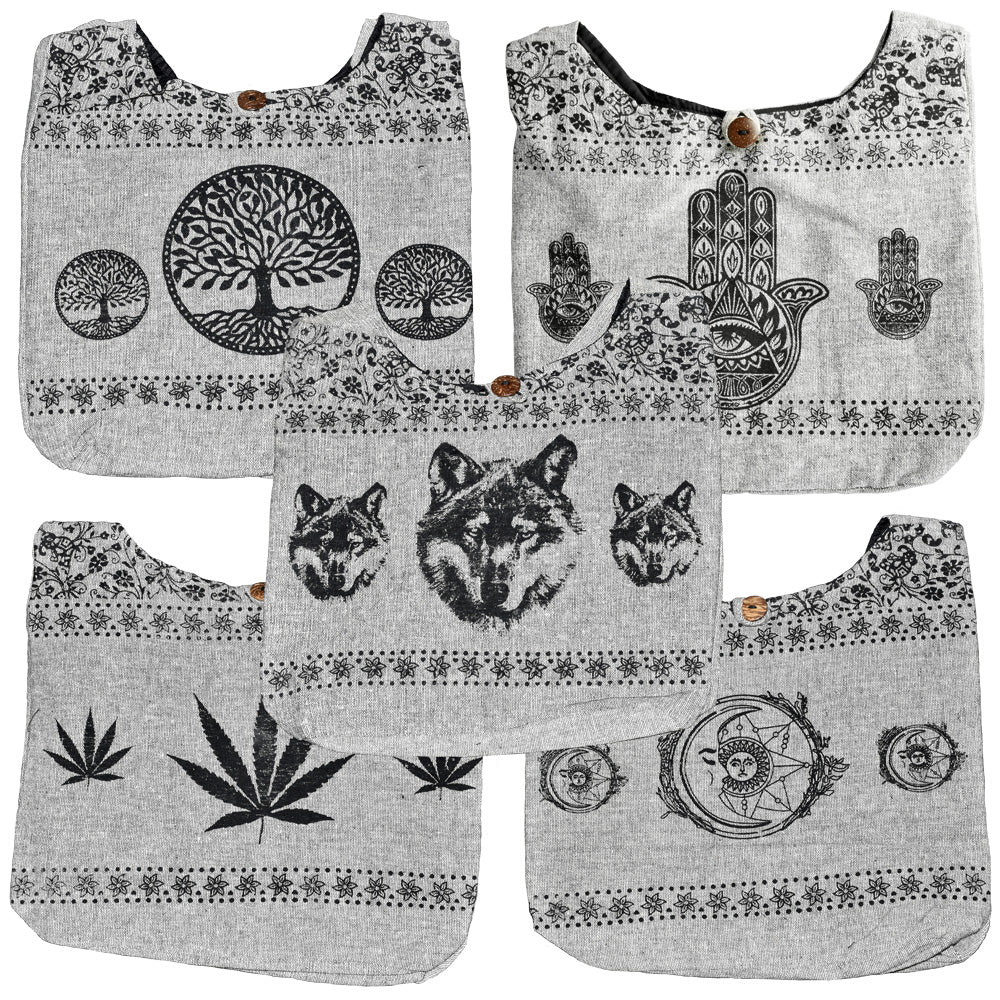 ThreadHeads Blackwork Print Cotton Sling Bags in various designs, front view on white background