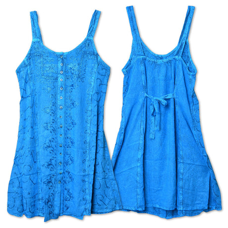 ThreadHeads Embroidered Acid Wash Strap Dress in Assorted Colors, Front and Back View