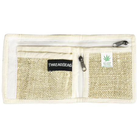 ThreadHeads Embroidered Hemp Wallet open view showing pockets and zipper