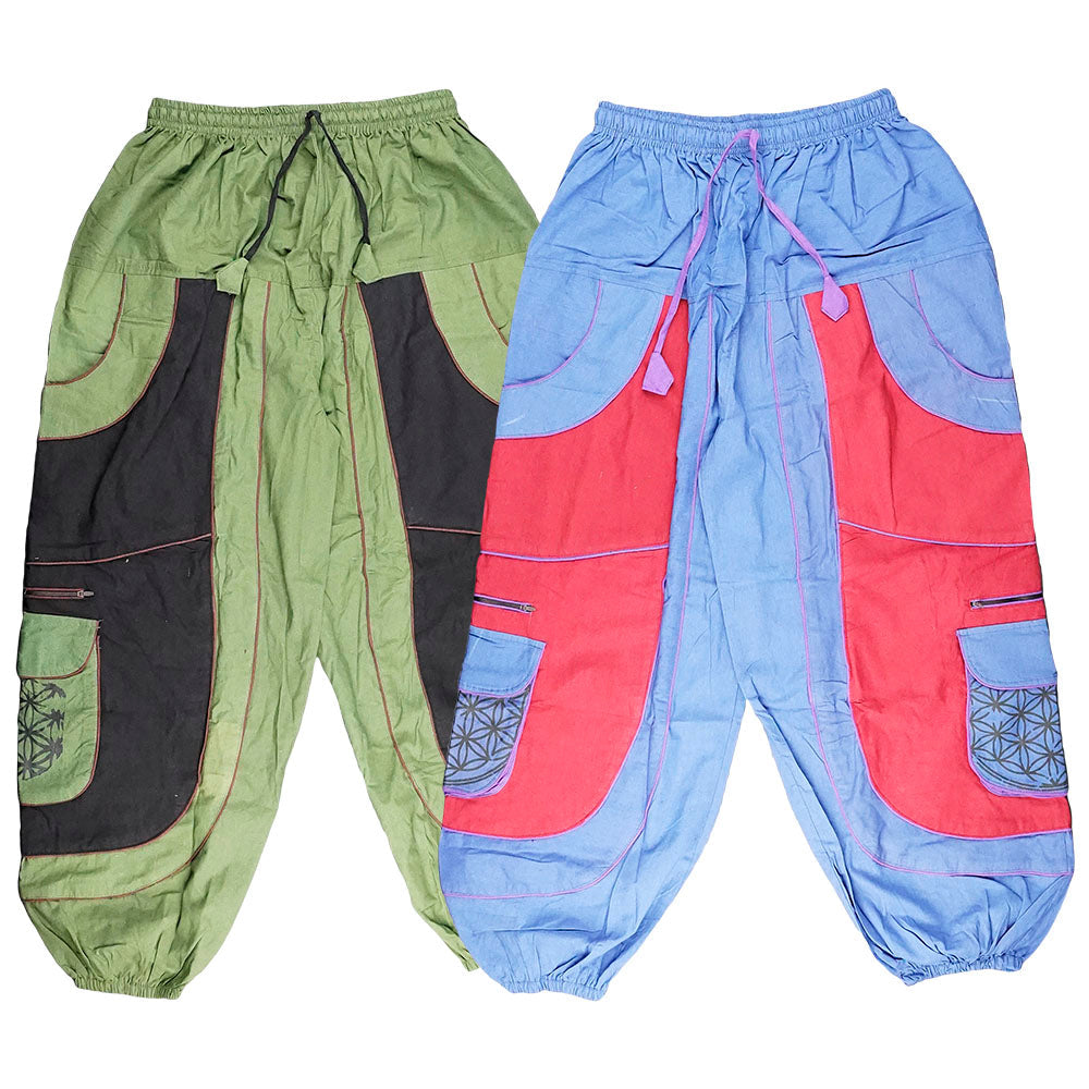 ThreadHeads Flower of Life Harem Pants in assorted colors, front view on white background