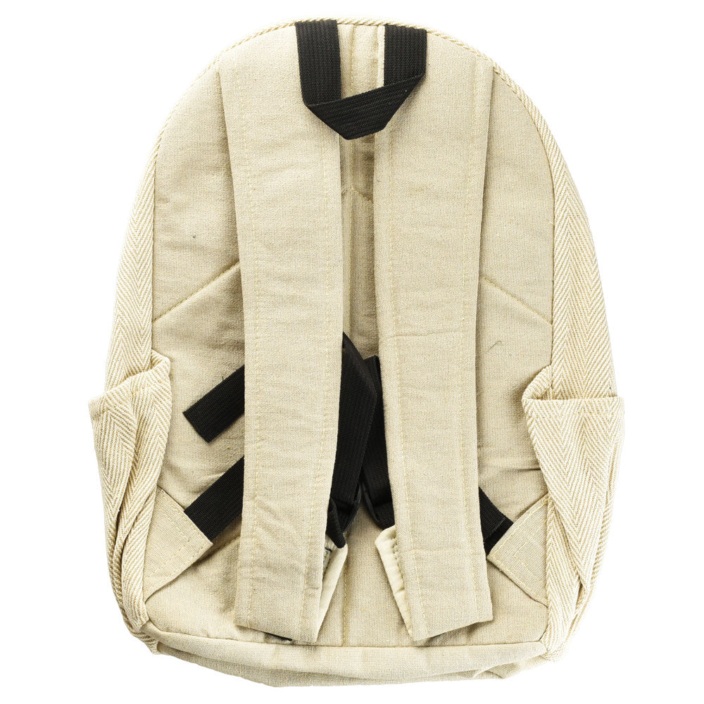 ThreadHeads Green Leaf Print Backpack in hemp material, front view on white background