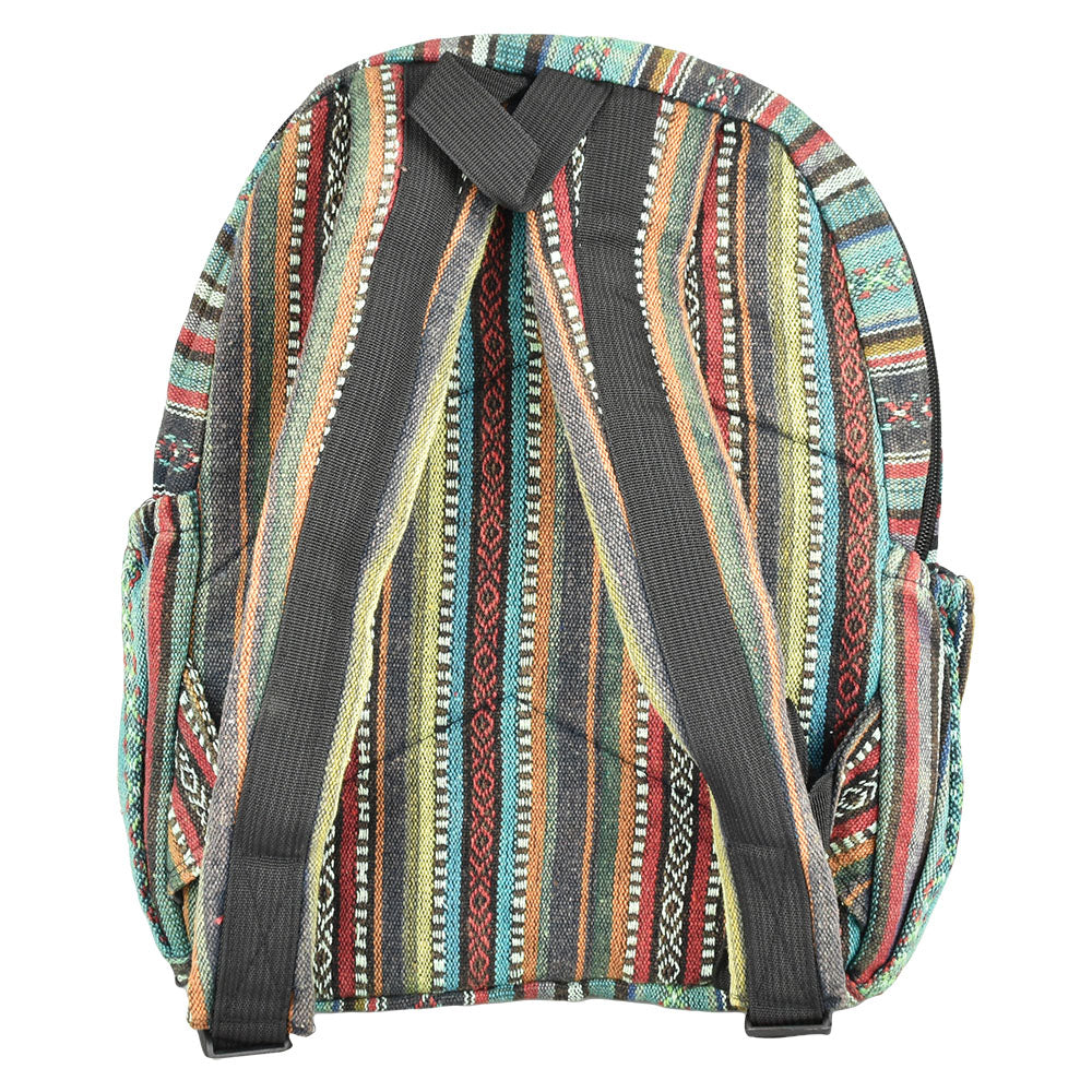 ThreadHeads Hemp Green Striped Backpack with colorful patterns, front view on white background