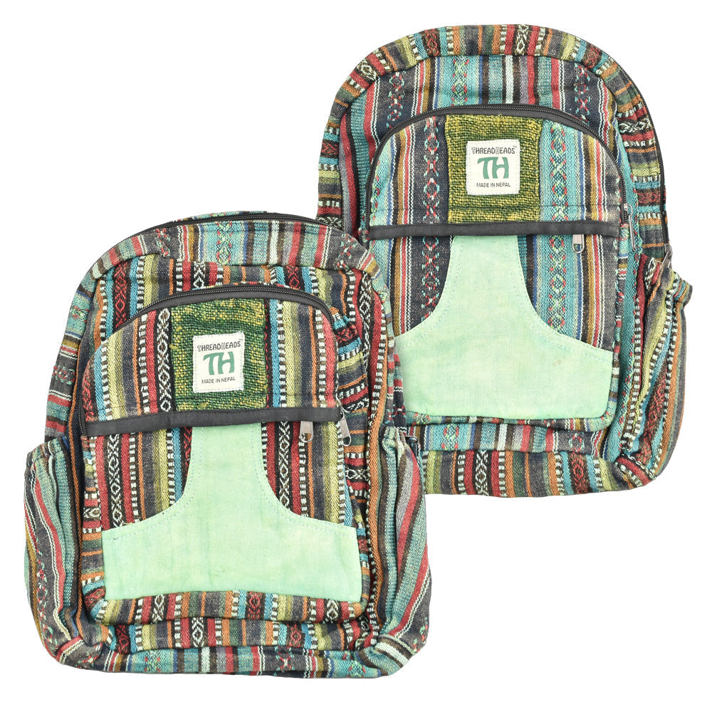 Threadheads Hemp Green Striped Backpack front view on white background, featuring multiple pockets and a unique design.