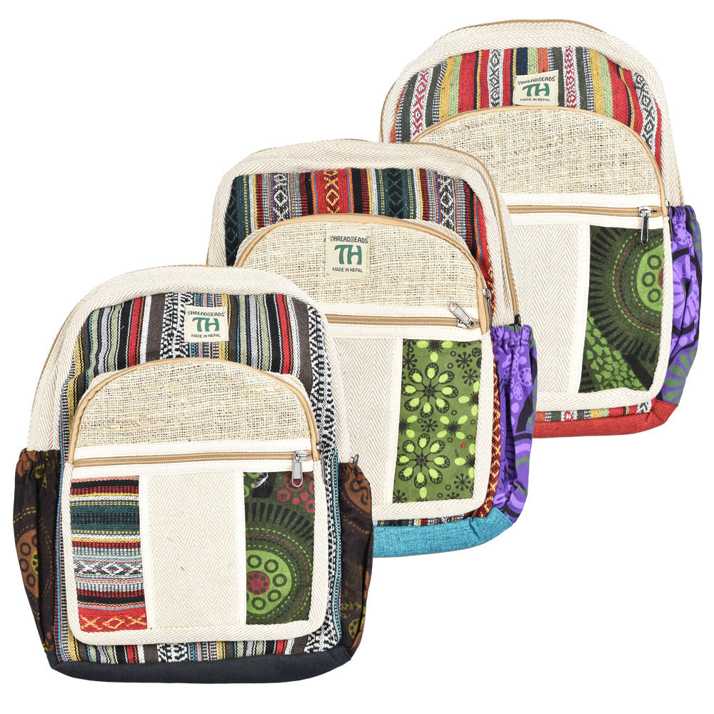 ThreadHeads Hemp Patchwork Backpacks in Assorted Colors with Front Pockets