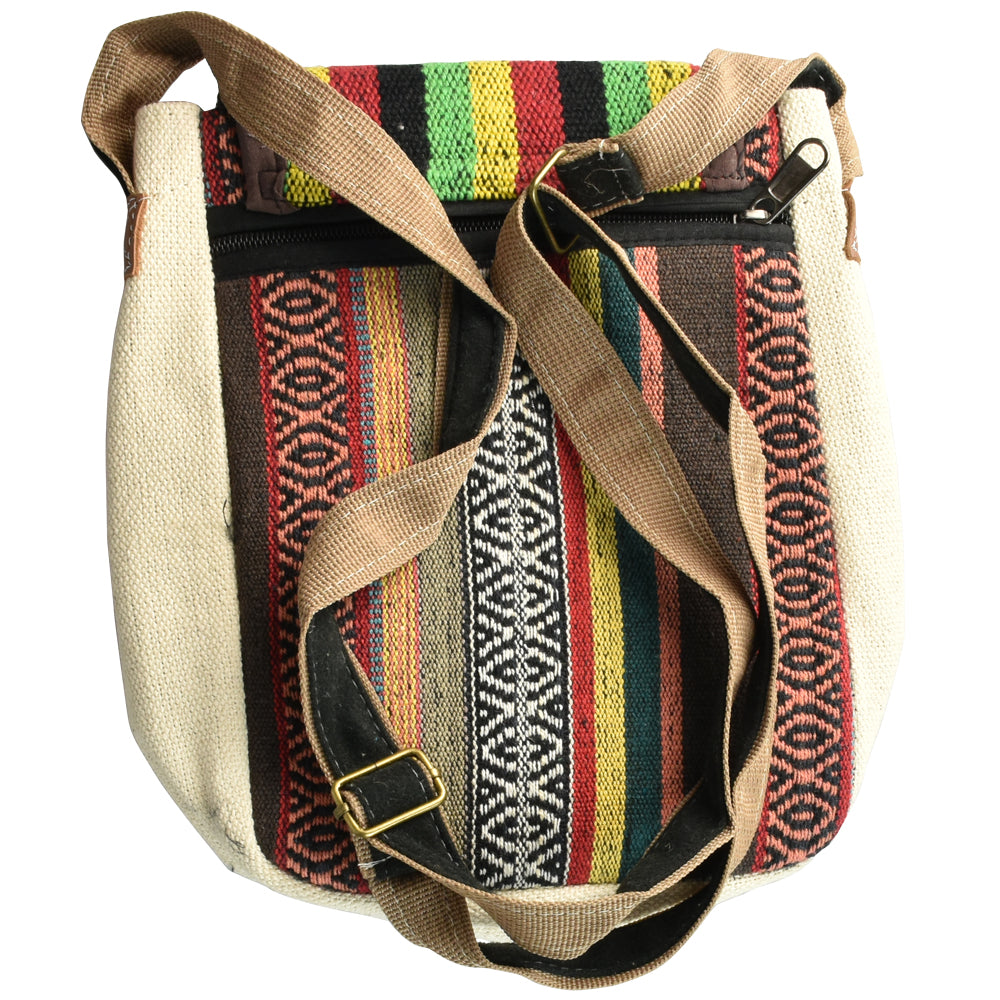 ThreadHeads Hemp Shoulder Bag with Rasta Multicolor Design, Asymmetrical Shape, Front View