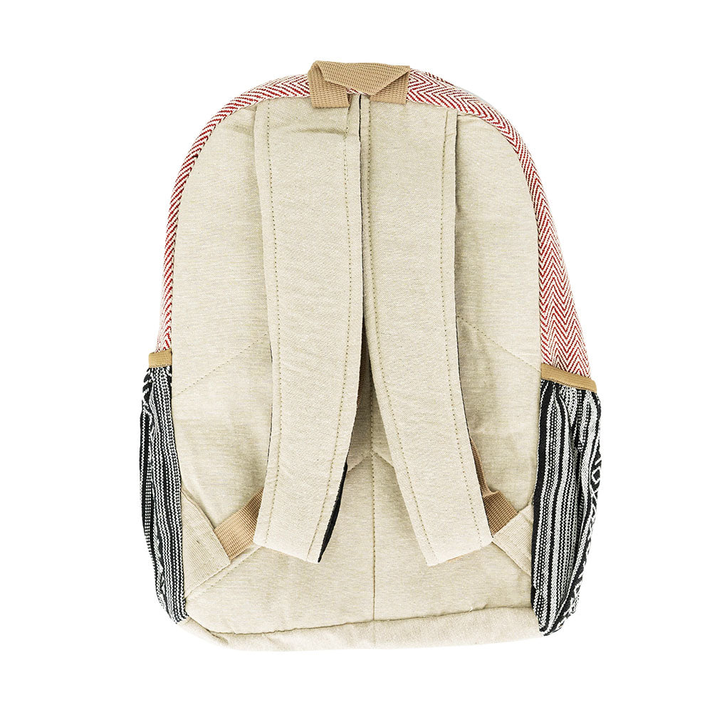 ThreadHeads Himalayan Hemp Backpack with funky pockets and striped straps, front view