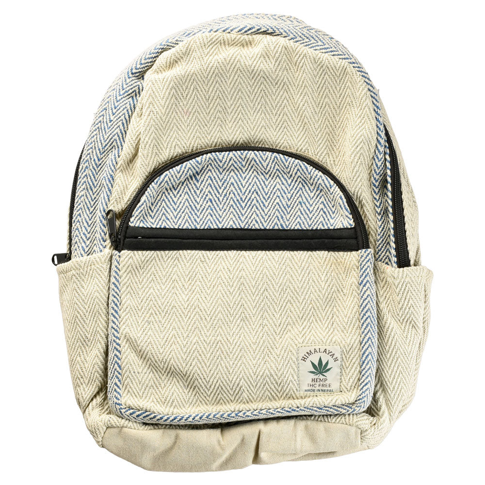 ThreadHeads Hemp Backpack in herringbone design, tan, eco-friendly storage, front view
