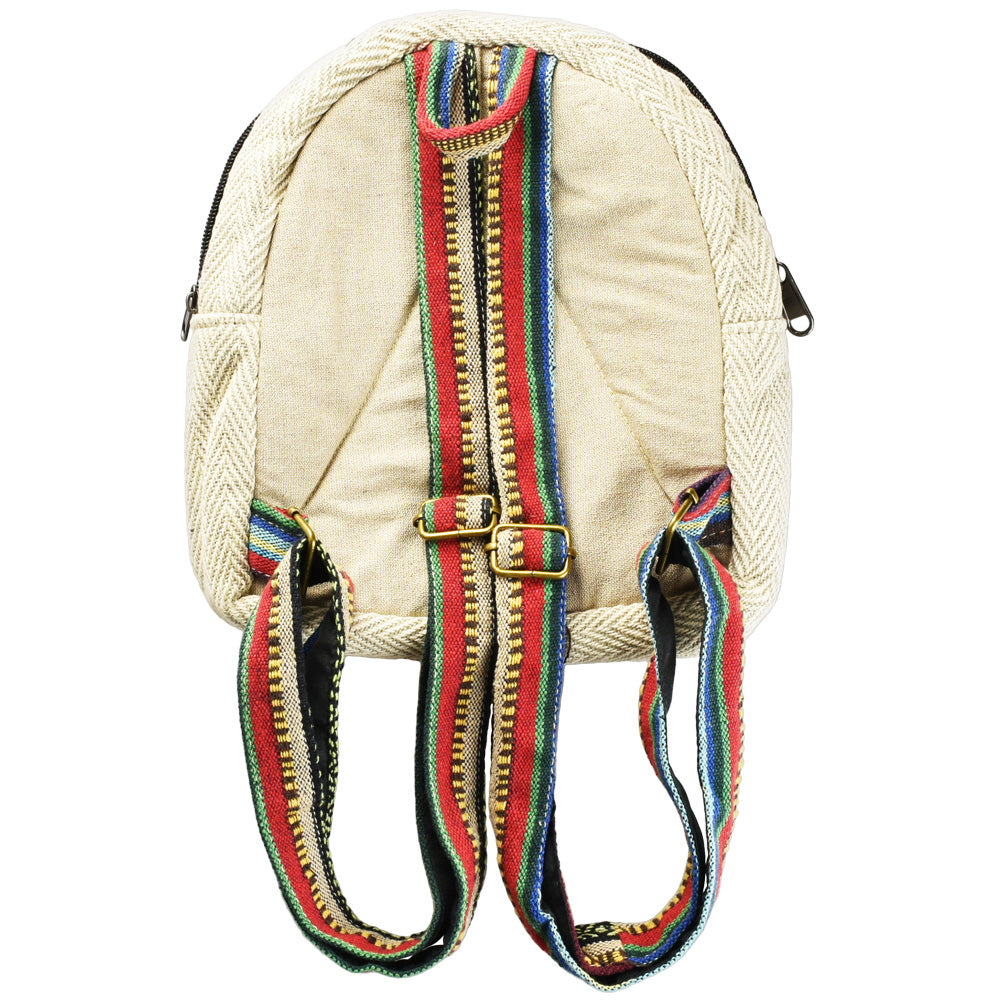 ThreadHeads Hemp Mini Backpack with Southwestern design, tan with mixed colors, front view