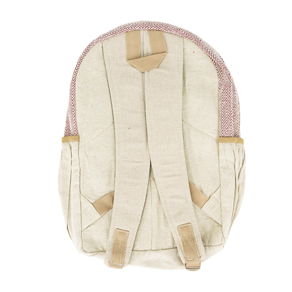 ThreadHeads Hemp Backpack with Yin Yang Mandala, Tan with Red Accents, Rear View