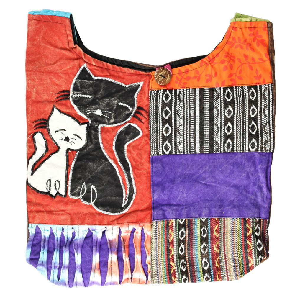 ThreadHeads Kitten Couple Patchwork Sling Bag with colorful patterns and button closure