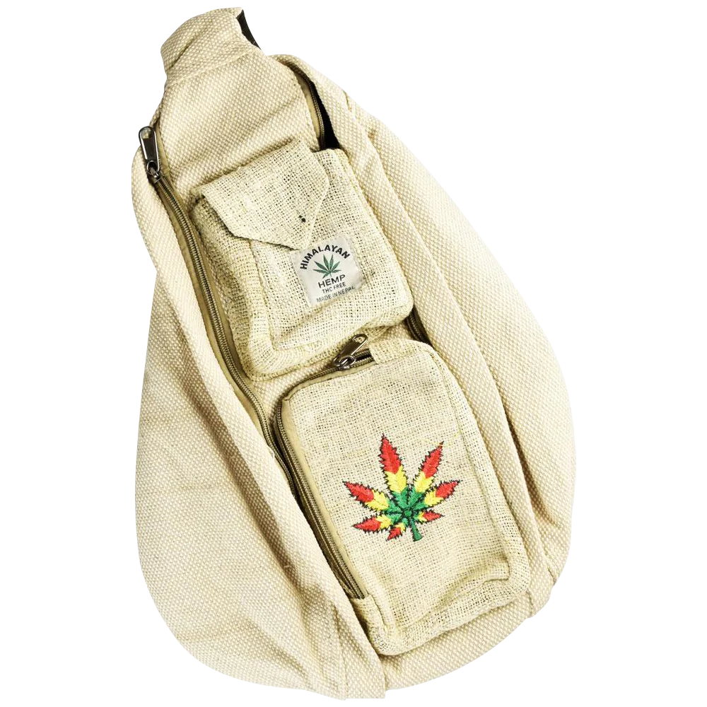 ThreadHeads Rasta Hemp Leaf Tan Sling Pack with multiple compartments, front view