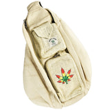ThreadHeads Rasta Hemp Leaf Tan Sling Pack, front view with multiple compartments and adjustable strap