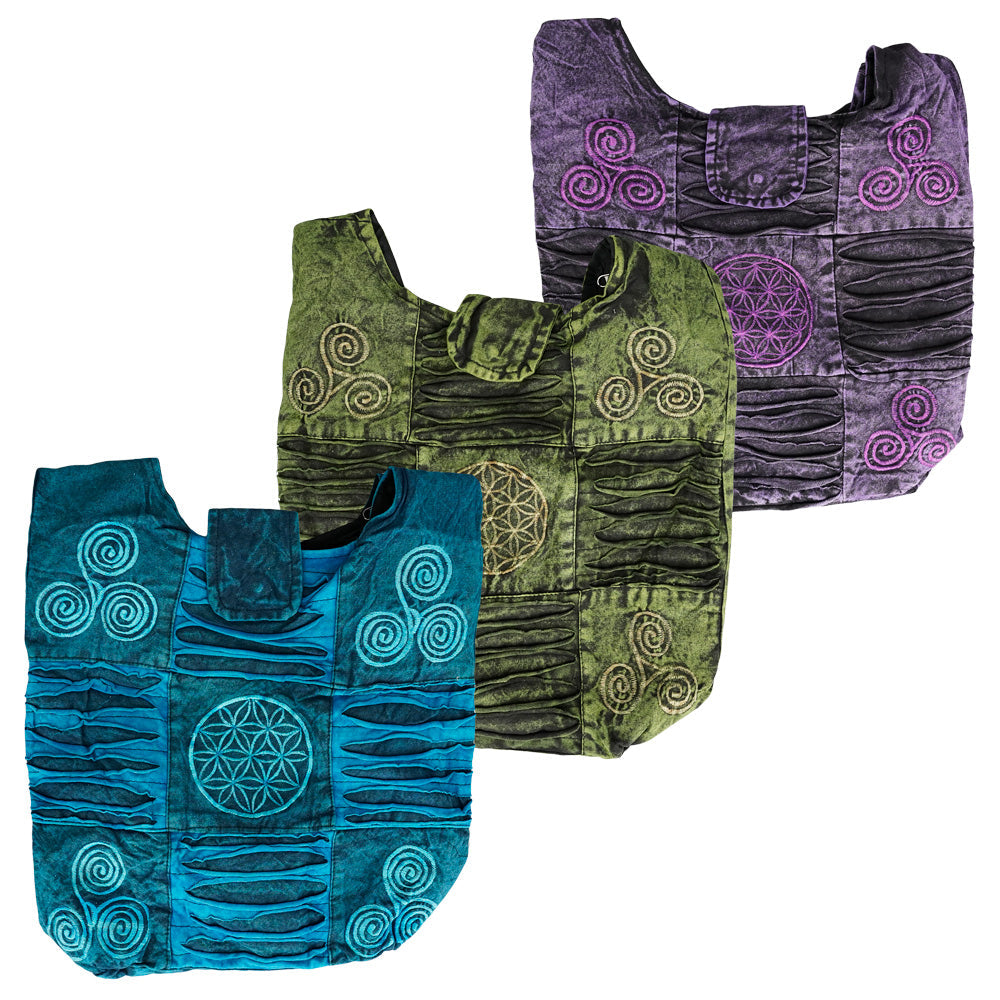 Assorted colors of Threadheads Razor Cut Flower of Life Shoulder Bags with unique designs