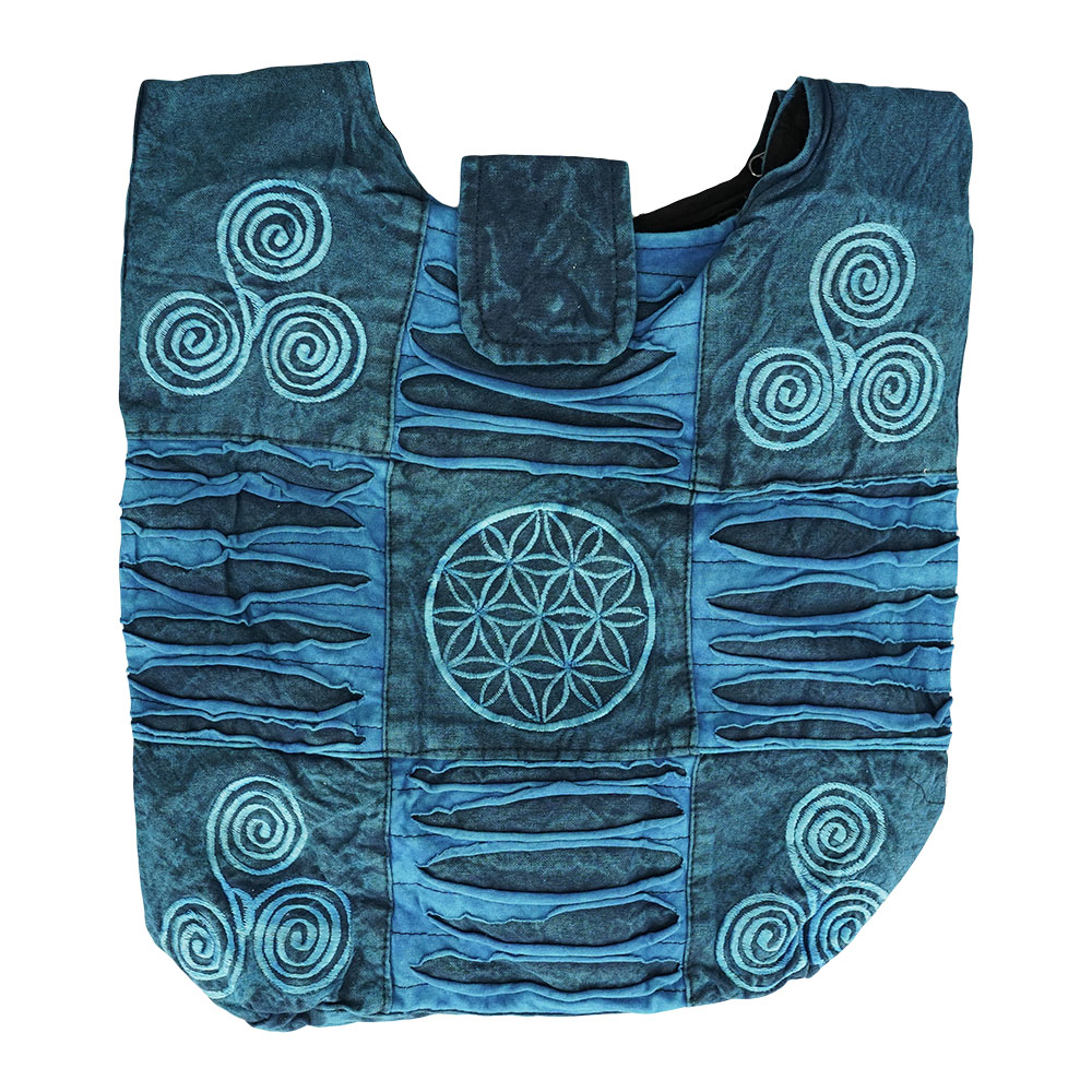 ThreadHeads Razor Cut Flower of Life Shoulder Bag in Blue, Front View with Unique Patterns