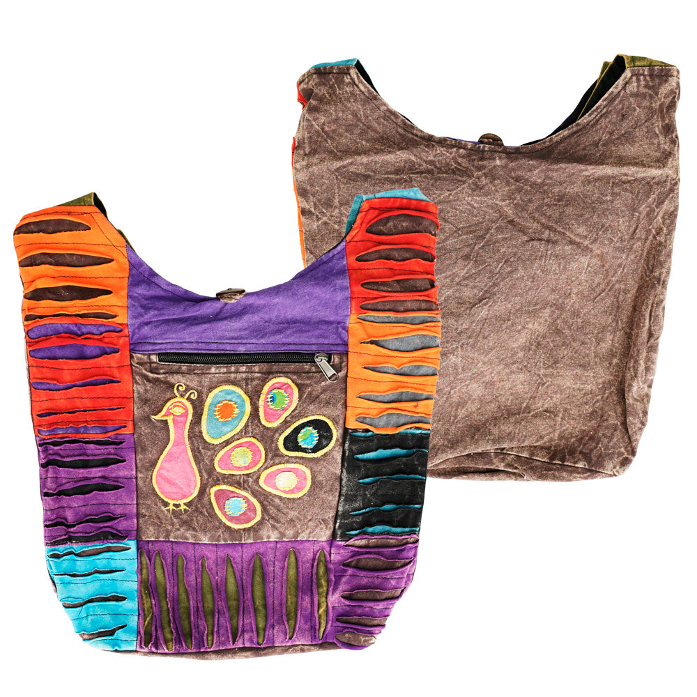 ThreadHeads Razor Cut Patchwork Peacock Shoulder Bag in assorted colors, front and back view, 14"x14" size