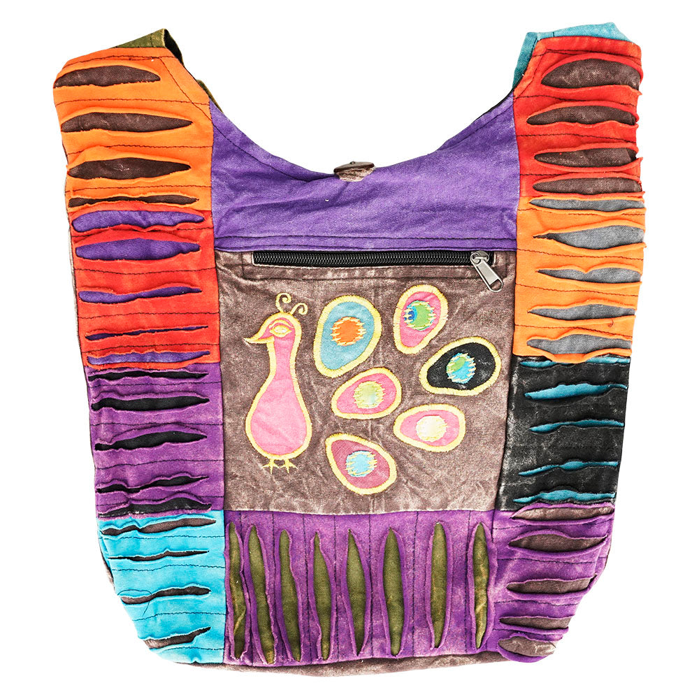 ThreadHeads Razor Cut Patchwork Peacock Bag with vibrant colors and shoulder strap