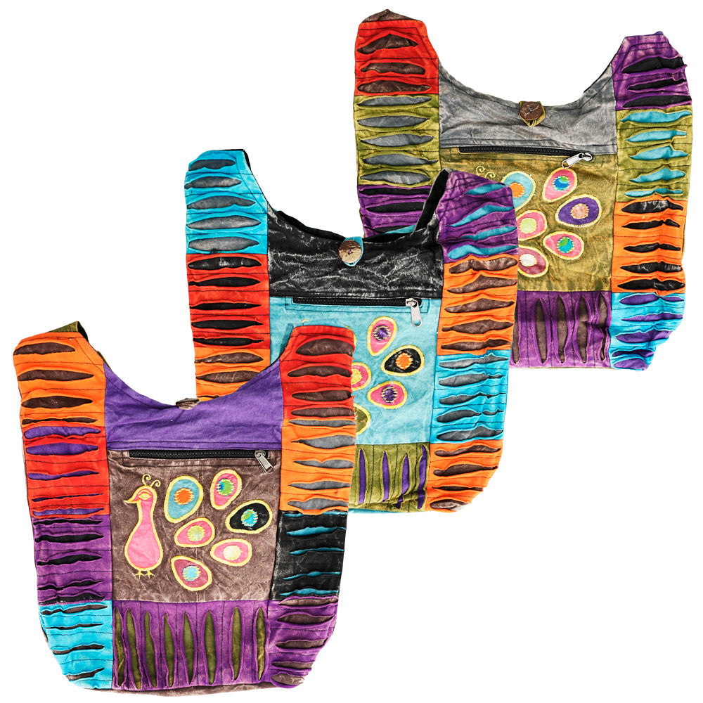 Threadheads Patchwork Peacock Shoulder Bag in assorted colors with razor cut design, 14" x 14" size, front view