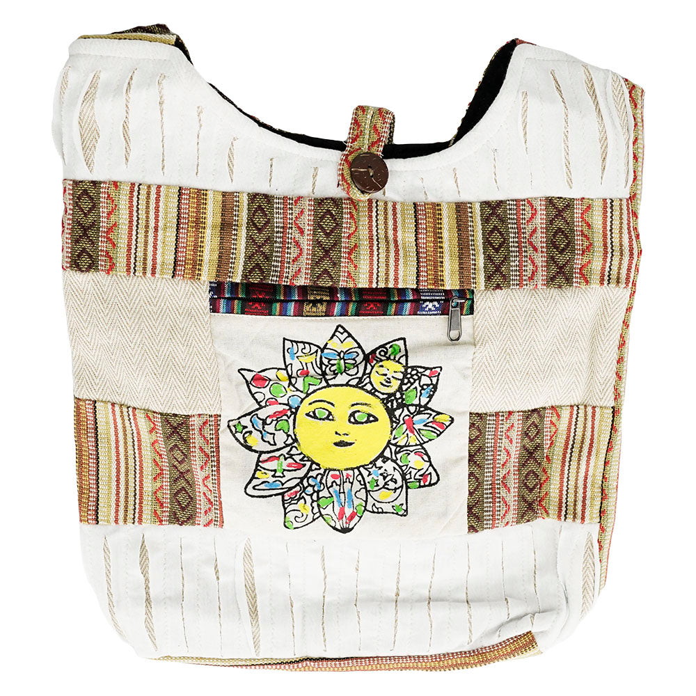 ThreadHeads Razor Cut Patchwork Shoulder Bag with Sun Design, 15" x 15" Size, Front View