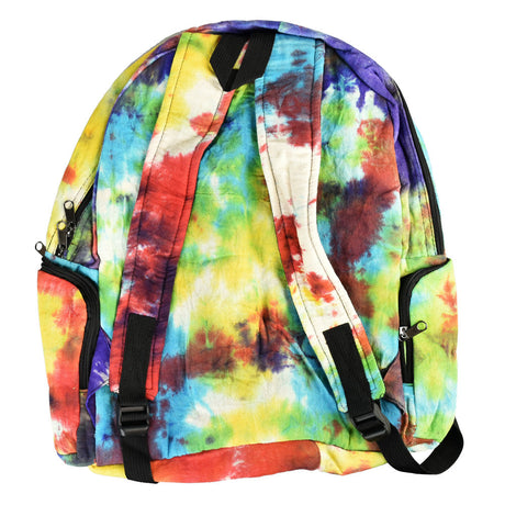 ThreadHeads Stitched Flower Tie-Dye Backpack with vibrant colors, front view on white background