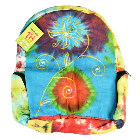 ThreadHeads Stitched Flower Tie-Dye Backpack front view with vibrant colors and spacious design
