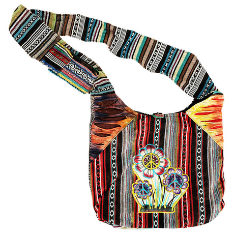 ThreadHeads Tie Dye Peace Sign Flower Sling Bag with vibrant multicolor design, front view on white background.