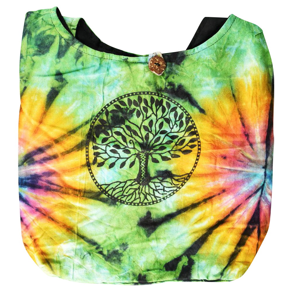 ThreadHeads Tree of Life Tie-Dye Sling Bag with vibrant colors, front view on white background