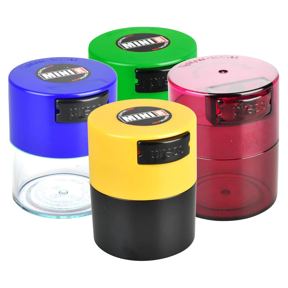 Assorted TightVac MiniVac airtight storage containers, compact design, perfect for dry herbs