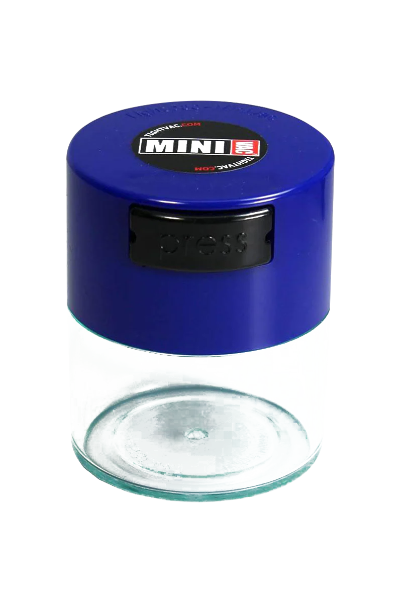 TightVac MiniVac Clear with Blue Cap, Airtight Storage Container for Dry Herbs, Front View