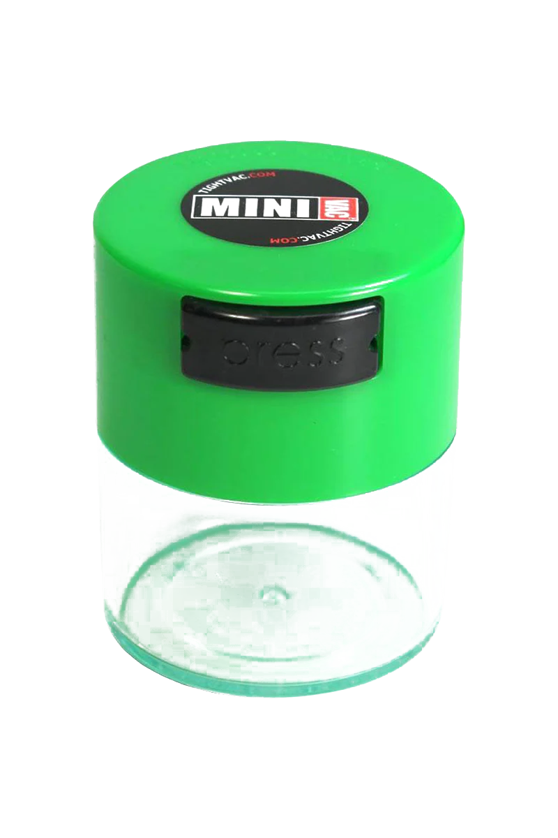 TightVac MiniVac Clear with Green Cap, Airtight Storage Container for Dry Herbs, Front View