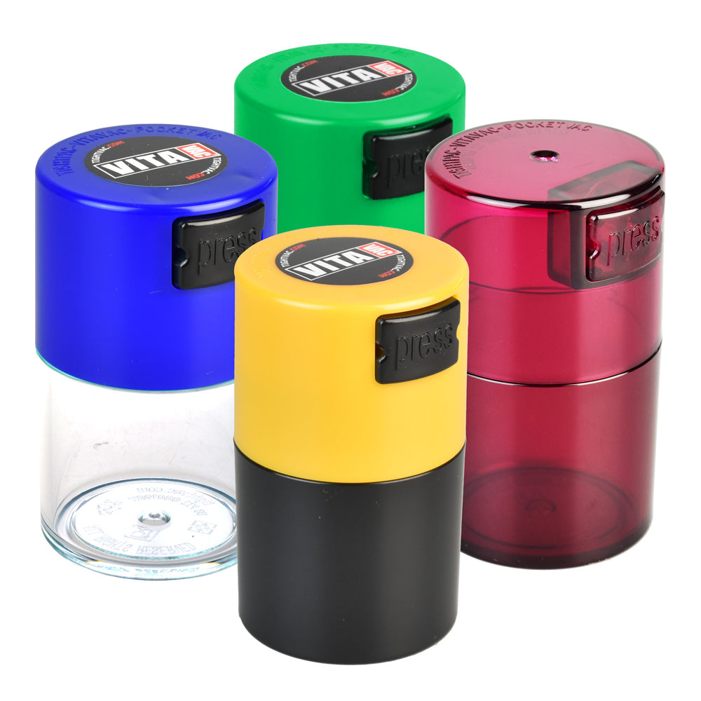 Assorted TightVac VitaVac Airtight Storage Containers, 5g, 2.75" portable design, angled view