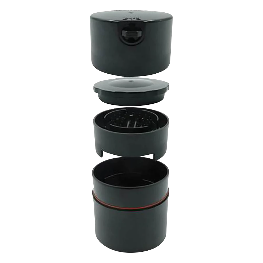 TightVac CannaVac Lok G2 in black, airtight storage with built-in grinder, disassembled view